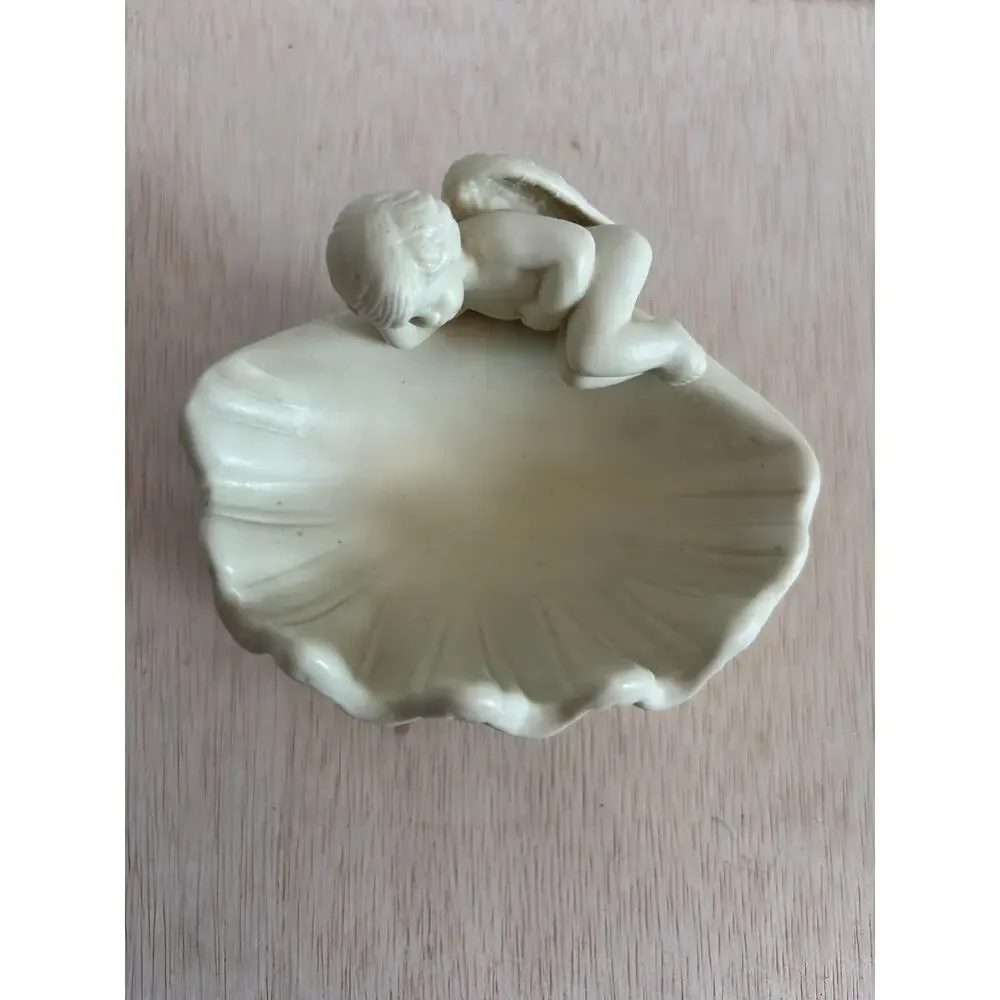 Vintage Cherub Angel Shell Soap Dish Ceramic White Conch Vanity Sink